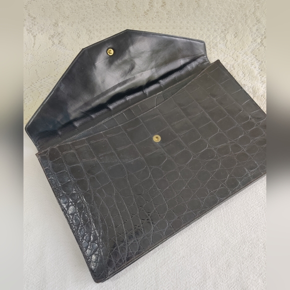 Black Alligator Skin Embossed Large Clutch Purse Vintage Abercrombie and Fitch - Picture 5 of 7